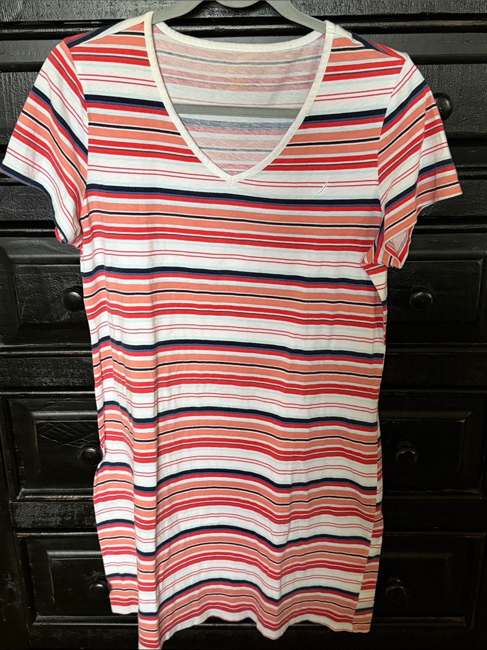 Nautica Striped V-Neck Mini Dress in Coral, Navy & White